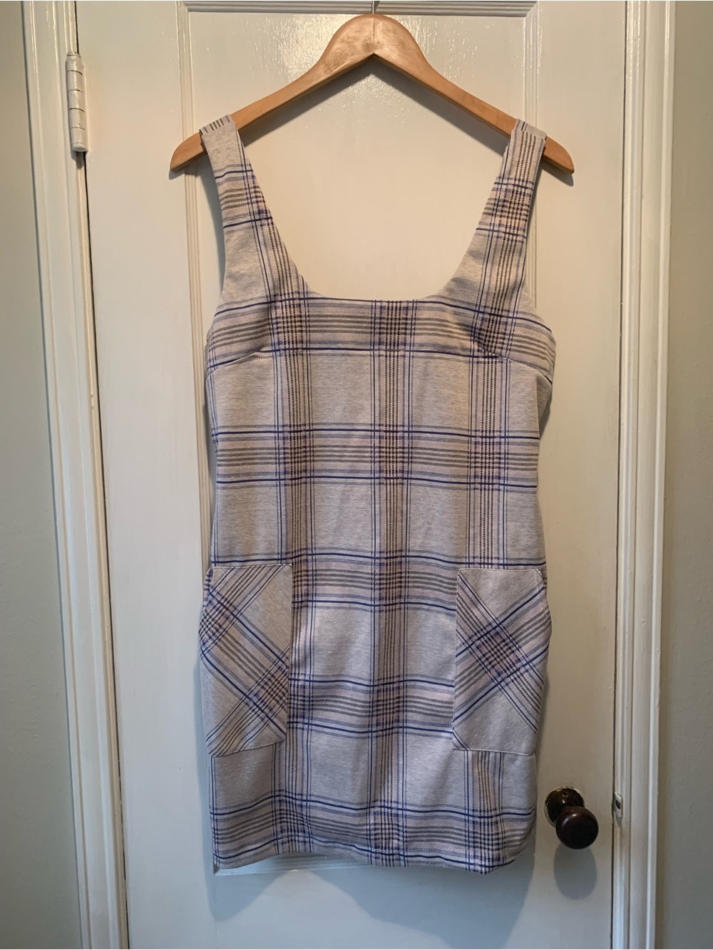 Altar’d State NWT Plaid Square-Neck Pinafore Dress in Light Gray, Blue & Pink L